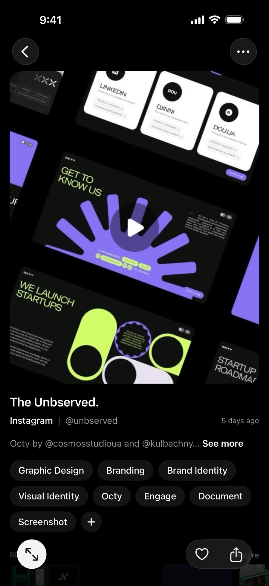 A saved Instagram post open in Stellata, with its tags and buttons to like and share it.